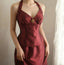 Vintage Burgundy Halter Neck Mermaid Satin Long Prom Dress Evening Dress