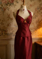 Vintage Burgundy Halter Neck Mermaid Satin Long Prom Dress Evening Dress