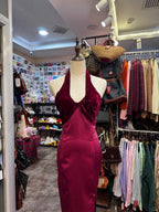 Vintage Burgundy Halter Neck Velvet Satin Long Prom Dress Evening Dress