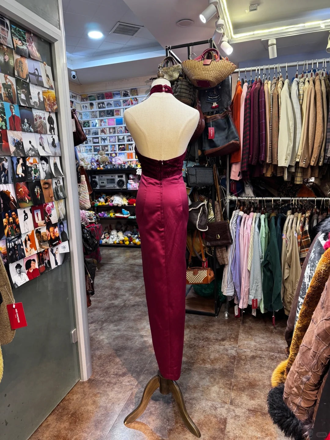 Vintage Burgundy Halter Neck Velvet Satin Long Prom Dress Evening Dress
