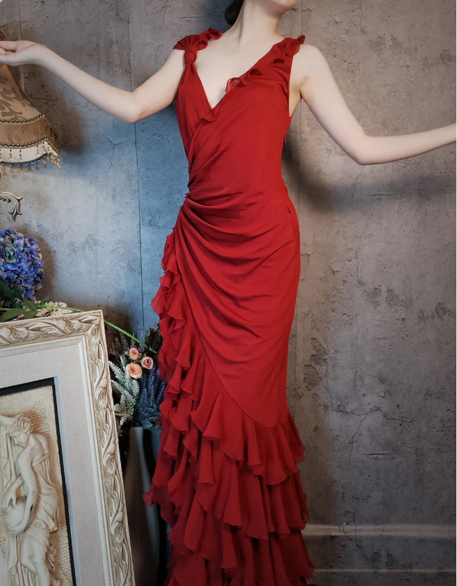 Vintage Burgundy Mermaid Deep V-Neck Layered Ruffle Chiffon Long Prom Dress Evening Dress