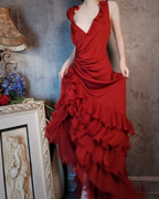 Vintage Burgundy Mermaid Deep V-Neck Layered Ruffle Chiffon Long Prom Dress Evening Dress