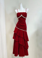 Vintage Burgundy Mermaid Spaghetti Strap Ruffle Velvet Prom Dress Evening Dress