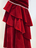 Vintage Burgundy Mermaid Spaghetti Strap Ruffle Velvet Prom Dress Evening Dress