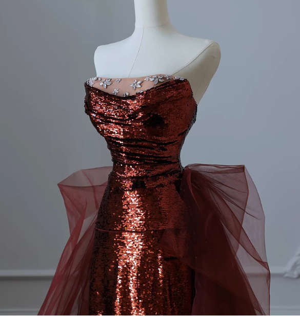Vintage Burgundy Mermaid Strapless Tulle Sequined Train Prom Dress Evening Dress Secondary image