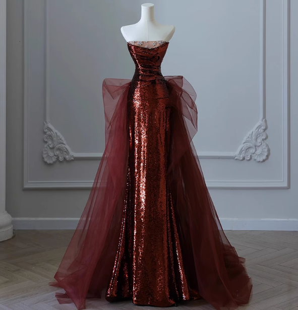 Vintage Burgundy Mermaid Strapless Tulle Sequined Train Prom Dress Evening Dress