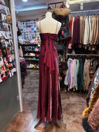 Vintage Burgundy Spaghetti Strap Halter Neck Satin Long Prom Dress Evening Dress