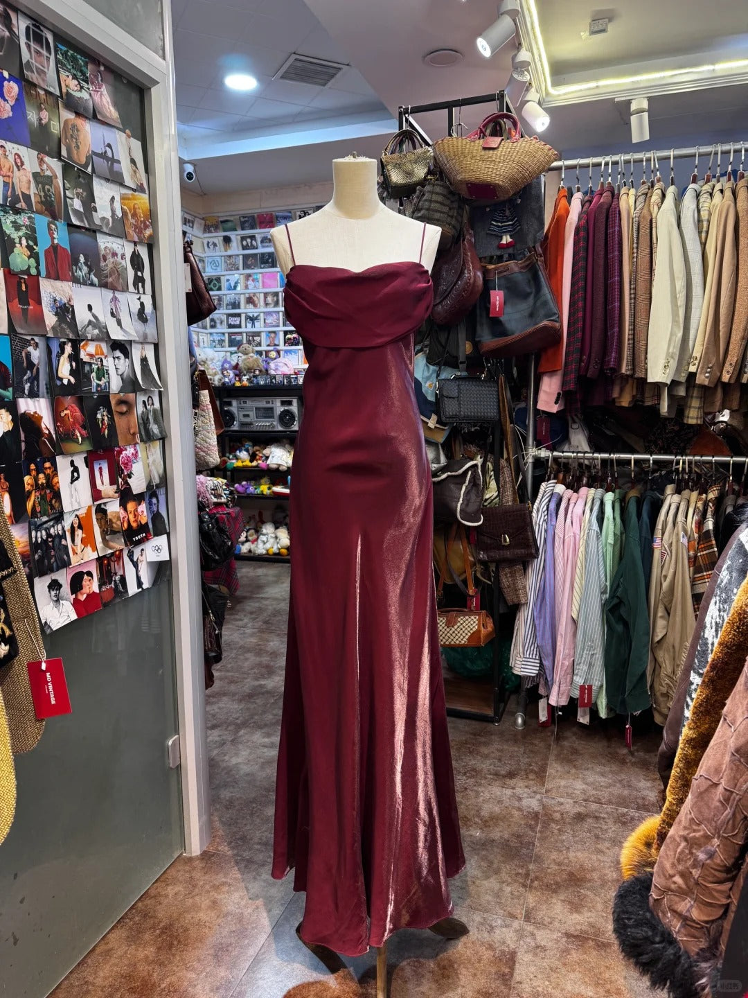 Vintage Burgundy Spaghetti Strap Halter Neck Satin Long Prom Dress Evening Dress Main image