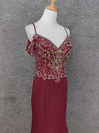 Vintage Burgundy Spaghetti Strap V-Neck Beaded Chiffon Long Prom Dress Evening Dress