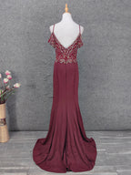 Vintage Burgundy Spaghetti Strap V-Neck Beaded Chiffon Long Prom Dress Evening Dress