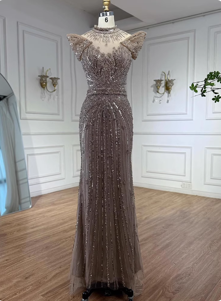 Vintage Champagne Brown Mermaid Stand Collar Shoulder Sleeve Full Diamond Sequin Tulle Long Prom Dress Evening Dress Secondary image