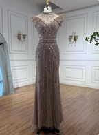 Vintage Champagne Brown Mermaid Stand Collar Shoulder Sleeve Full Diamond Sequin Tulle Long Prom Dress Evening Dress