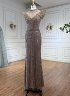 Vintage Champagne Brown Mermaid Stand Collar Shoulder Sleeve Full Diamond Sequin Tulle Long Prom Dress Evening Dress