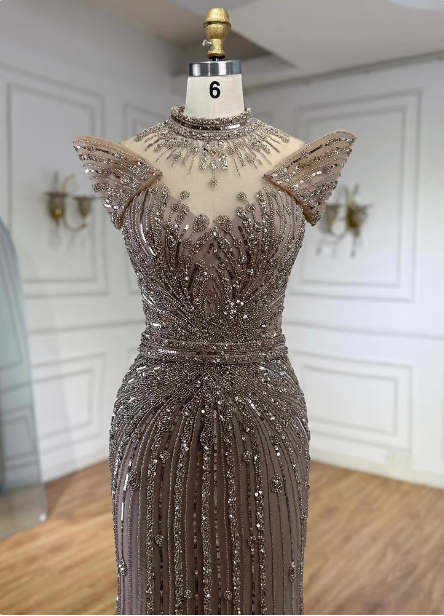 Vintage Champagne Brown Mermaid Stand Collar Shoulder Sleeve Full Diamond Sequin Tulle Long Prom Dress Evening Dress