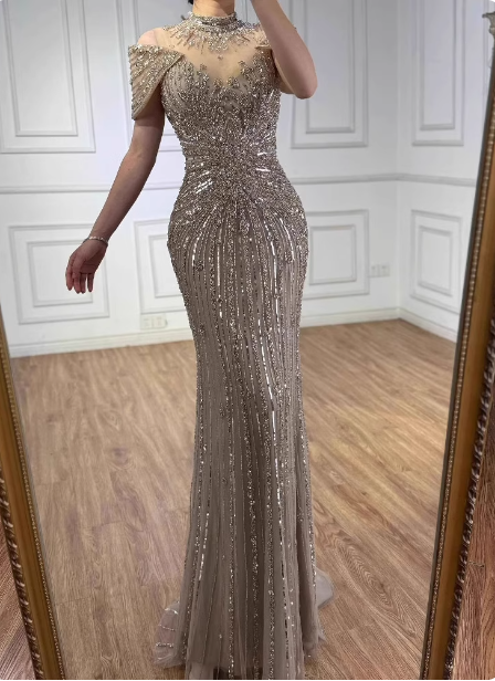Vintage Champagne Brown Mermaid Stand Collar Shoulder Sleeve Full Diamond Sequin Tulle Long Prom Dress Evening Dress Main image