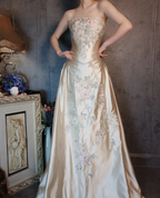 Vintage Champagne Gold A-Line Strapless Embroidered Satin Train Prom Dress Evening Dress