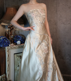 Vintage Champagne Gold A-Line Strapless Embroidered Satin Train Prom Dress Evening Dress
