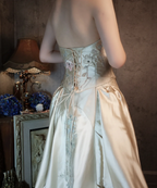 Vintage Champagne Gold A-Line Strapless Embroidered Satin Train Prom Dress Evening Dress