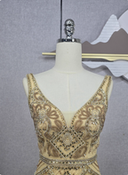 Vintage Champagne Gold Mermaid V-Neck Beaded Embroidered Tulle Long Prom Dress Evening Dress