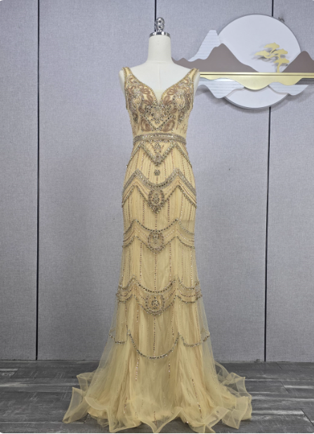 Vintage Champagne Gold Mermaid V-Neck Beaded Embroidered Tulle Long Prom Dress Evening Dress Main image