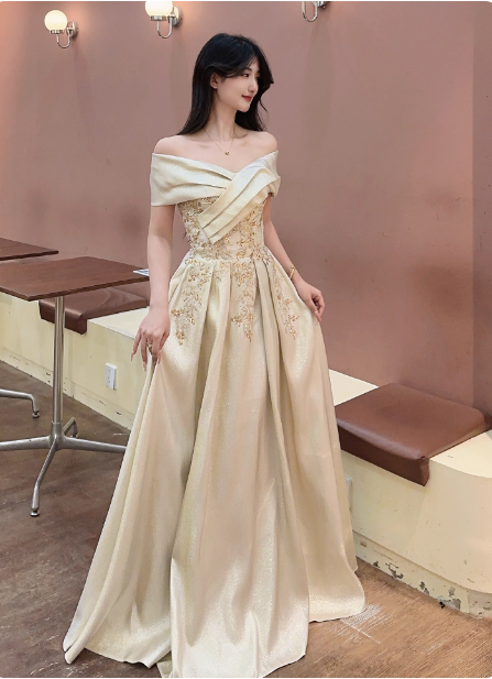 Vintage Champagne Gold Off-The-Shoulder Embroidered Satin Long Prom Dress Evening Dress