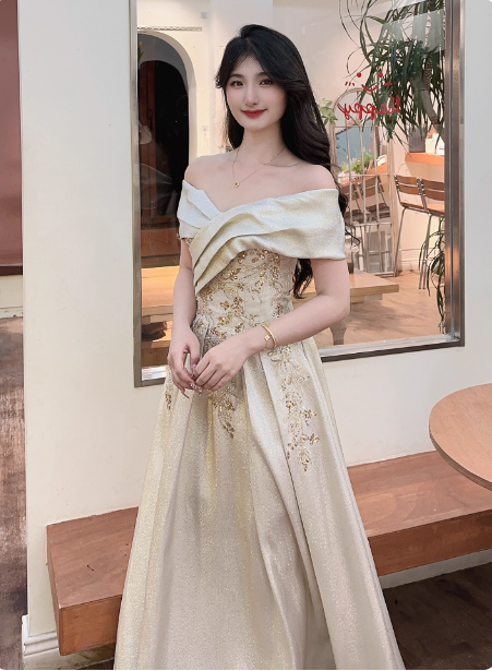 Vintage Champagne Gold Off-The-Shoulder Embroidered Satin Long Prom Dress Evening Dress