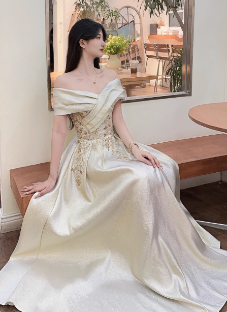 Vintage Champagne Gold Off-The-Shoulder Embroidered Satin Long Prom Dress Evening Dress