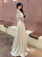 Vintage Champagne Gold Off-The-Shoulder Embroidered Satin Long Prom Dress Evening Dress
