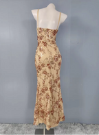 Vintage Champagne Gold Spaghetti Strap V-Neck Rose Sequin Long Prom Dress Evening Dress