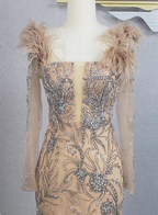 Vintage Champagne Mermaid Long Sleeve Square Neck Feather Beaded Tulle Long Prom Dress Evening Dress