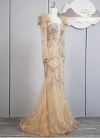 Vintage Champagne Mermaid Long Sleeve Square Neck Feather Beaded Tulle Long Prom Dress Evening Dress