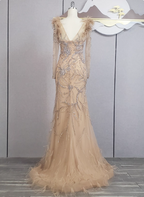Vintage Champagne Mermaid Long Sleeve Square Neck Feather Beaded Tulle Long Prom Dress Evening Dress