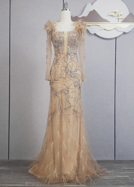 Vintage Champagne Mermaid Long Sleeve Square Neck Feather Beaded Tulle Long Prom Dress Evening Dress Main image