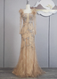 Vintage Champagne Mermaid Long Sleeve Square Neck Feather Beaded Tulle Long Prom Dress Evening Dress