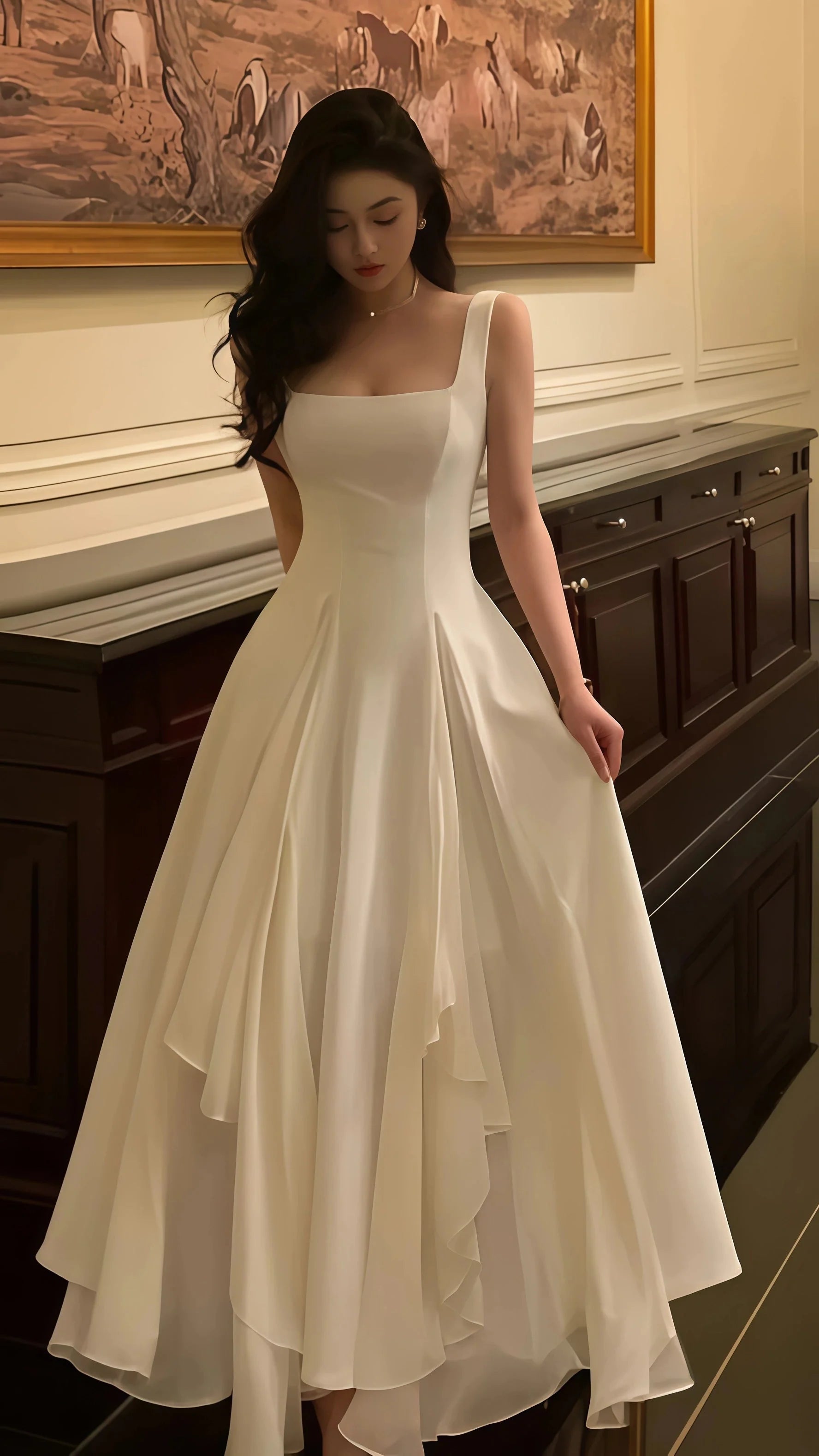 Vintage & Classic Ivory Chiffon Evening Prom Dress