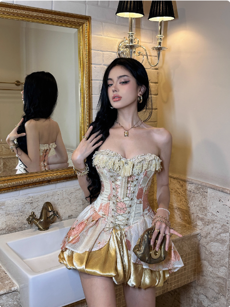 Vintage Corset Pink Gold Rose Puffy Birthday Dress Homecoming Dress Secondary image