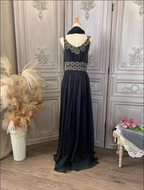 Vintage Court Black Embroidery Circular Pattern Black Diamond Chiffon Long Prom Dress Evening Dress