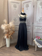 Vintage Court Black Embroidery Circular Pattern Black Diamond Chiffon Long Prom Dress Evening Dress