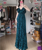 Vintage Court Dark Green V-Neck Ruffled Long Prom Dress Evening Dress