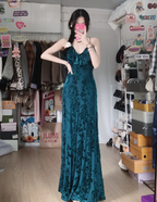Vintage Court Dark Green V-Neck Ruffled Long Prom Dress Evening Dress