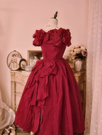 Vintage Court Red Bow Off-The-Shoulder Satin Ball Gown Evening Dress