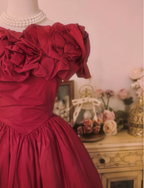 Vintage Court Red Bow Off-The-Shoulder Satin Ball Gown Evening Dress