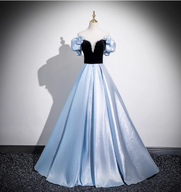 Vintage Court Blue Off-Shoulder Bow Velvet Satin Long Ball Gown Evening Dress Sweet 16 Dress
