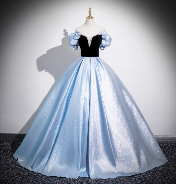 Vintage Court Blue Off-Shoulder Bow Velvet Satin Long Ball Gown Evening Dress Sweet 16 Dress Main image