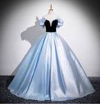 Vintage Court Blue Off-Shoulder Bow Velvet Satin Long Ball Gown Evening Dress Sweet 16 Dress