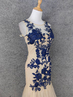 Vintage Cream Navy Mermaid Crew Neck Sleeveless Embroidered Tulle Long Prom Dress Evening Dress