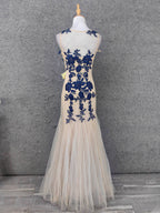 Vintage Cream Navy Mermaid Crew Neck Sleeveless Embroidered Tulle Long Prom Dress Evening Dress