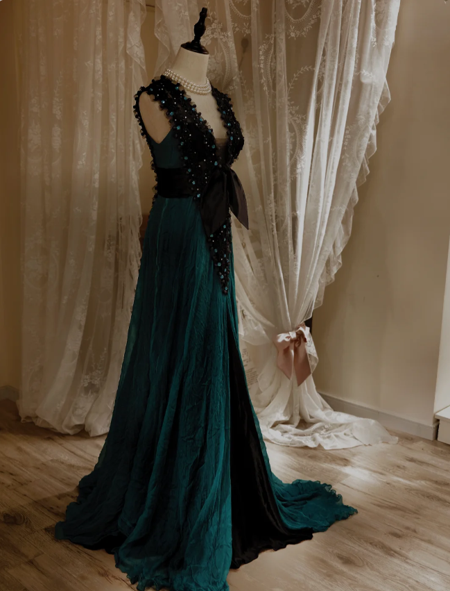 Vintage Dark Green A-Line V-Neck Bow Beaded Chiffon Long Prom Dress Evening Dress