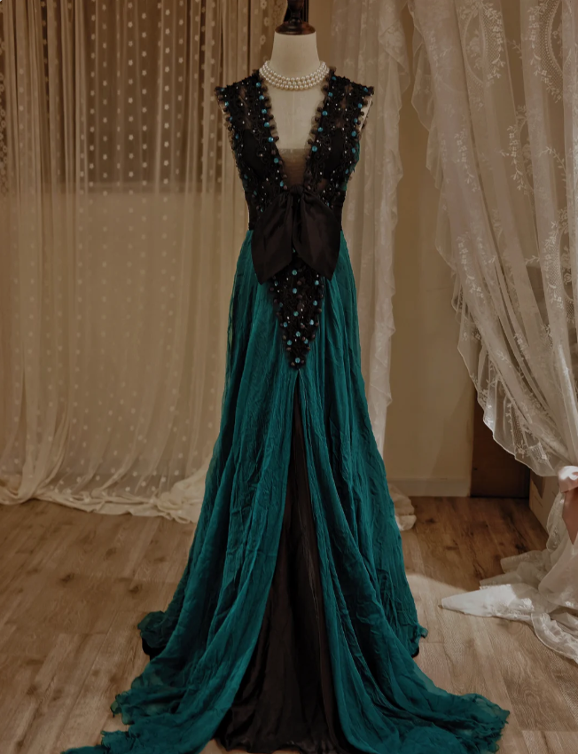 Vintage Dark Green A-Line V-Neck Bow Beaded Chiffon Long Prom Dress Evening Dress