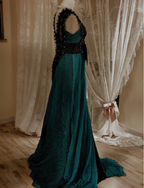 Vintage Dark Green A-Line V-Neck Bow Beaded Chiffon Long Prom Dress Evening Dress